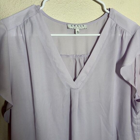 Chaus Blouse Women's XL Purple V-Neck Short Sleeve Ruffle Career Sheer Top - Picture 3 of 8